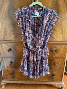 Misa Los Angeles Floral Mini Dress in Navy with Pink & Orange Blossoms